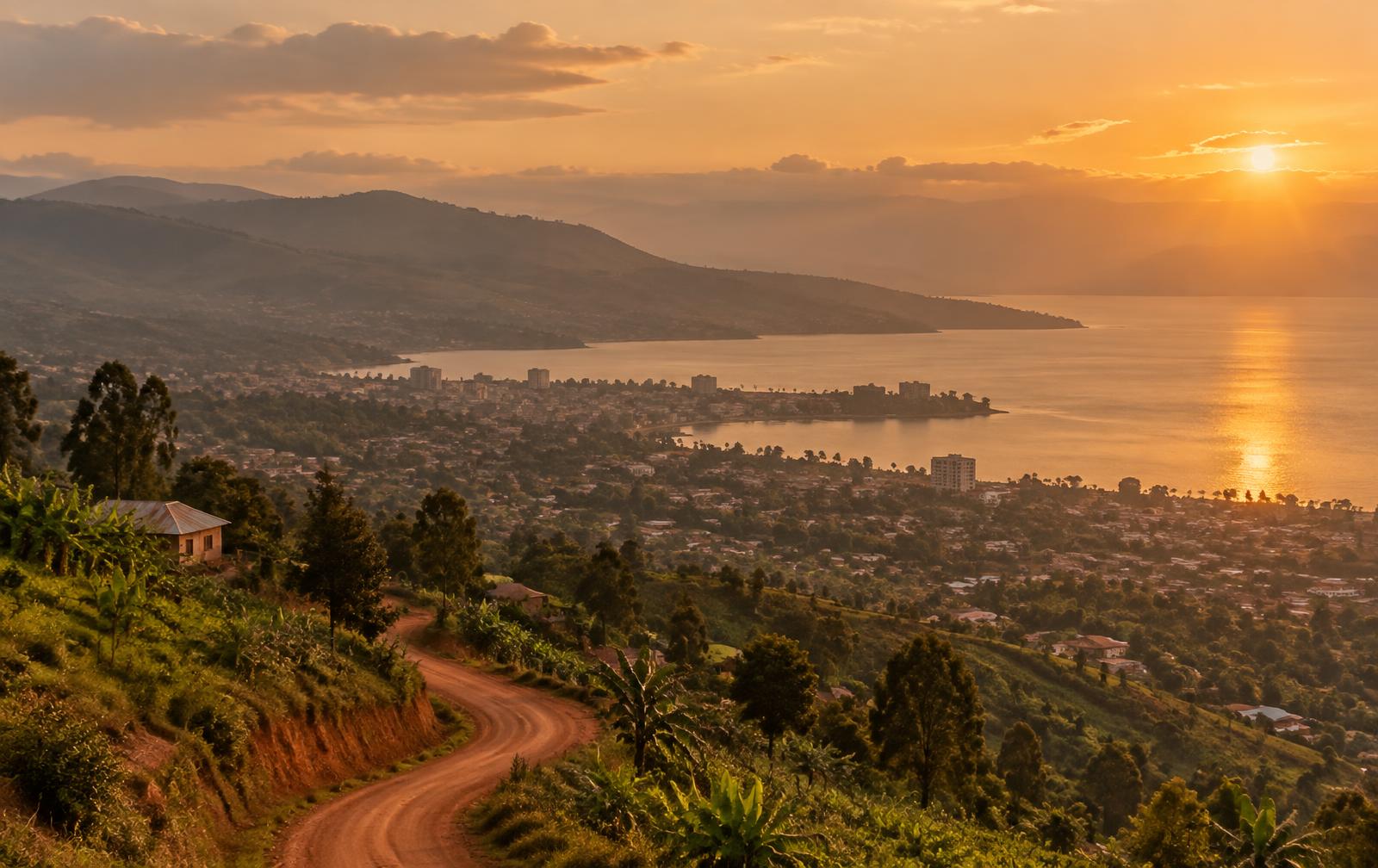 Hills and lakeside city at golden hour in Burundi